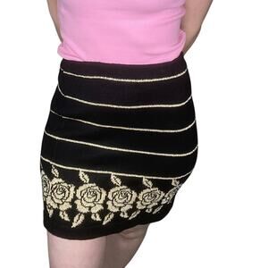 Vintage Black Metallic Gold Stripe Rose Floral Knit Stretchy Sweater Skirt Small